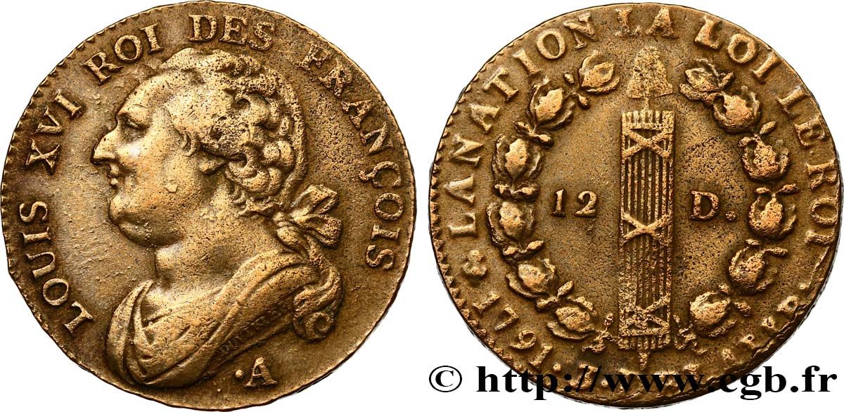 LOUIS XVI (MONARQUE CONSTITUTIONNEL)  12 deniers dit  au faisceau , type FRANÇOIS 1791 Paris TTB