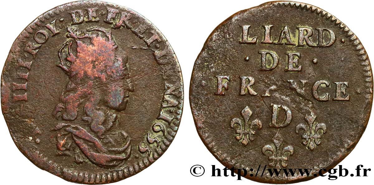 LOUIS XIV LE GRAND OU LE ROI SOLEIL Liard de cuivre, 2e type 1655 Vimy-en-Lyonnais (actuellement Neuville-sur-Saône) TB+