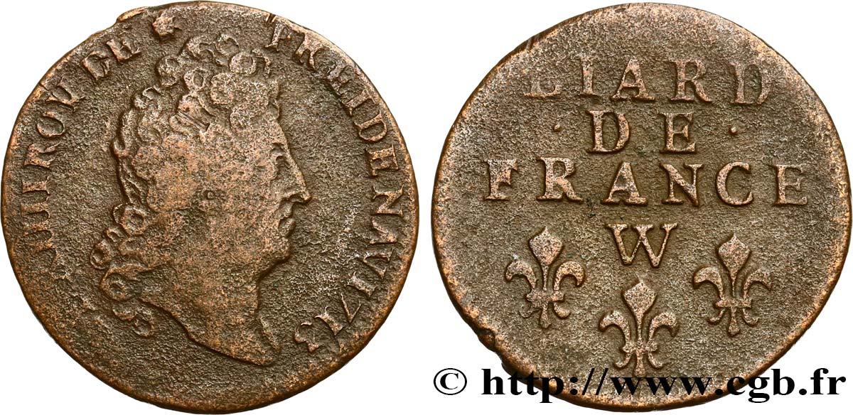 LOUIS XIV  THE SUN KING  Liard de France au buste nu 1713 Lille VF