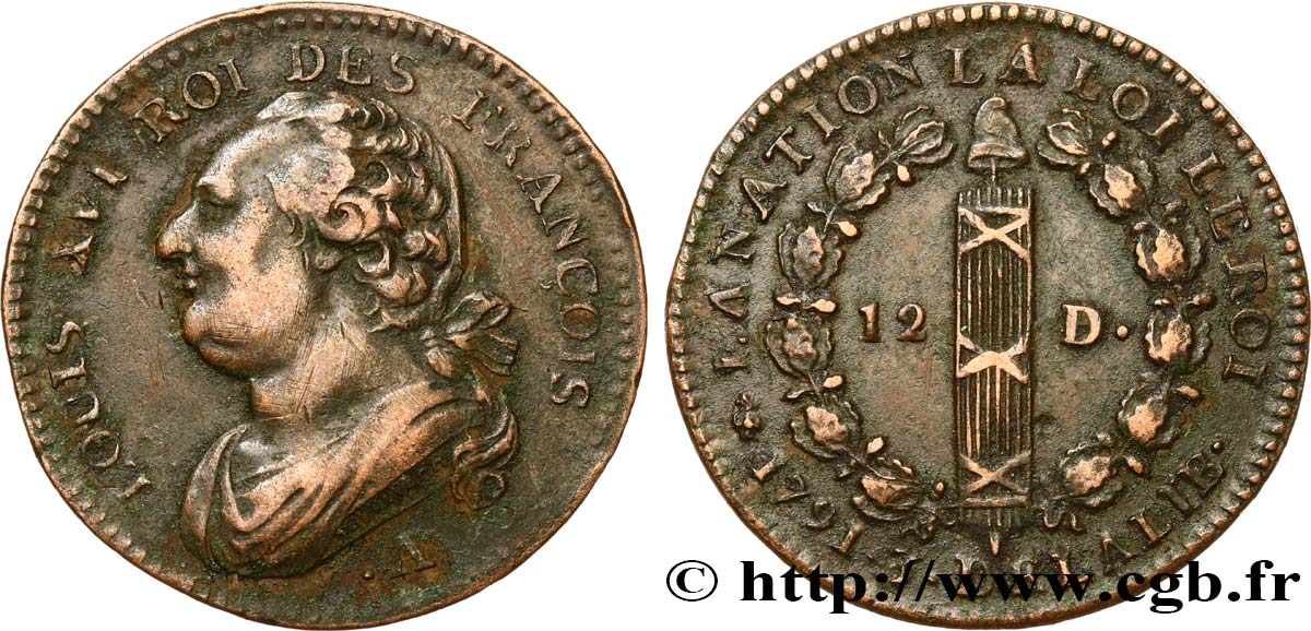 LOUIS XVI (MONARQUE CONSTITUTIONNEL)  12 deniers dit  au faisceau , type FRANÇOIS 1791 Paris TTB