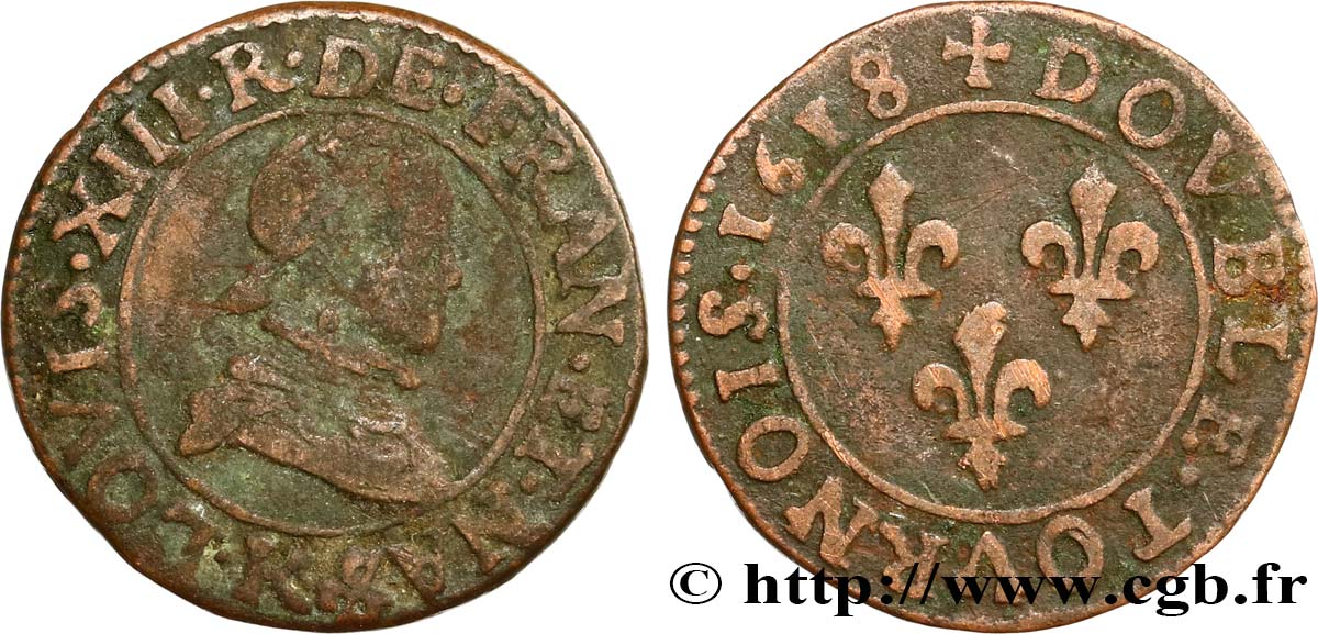 LOUIS XIII LE JUSTE Double tournois, type 4 1618 Bordeaux TB