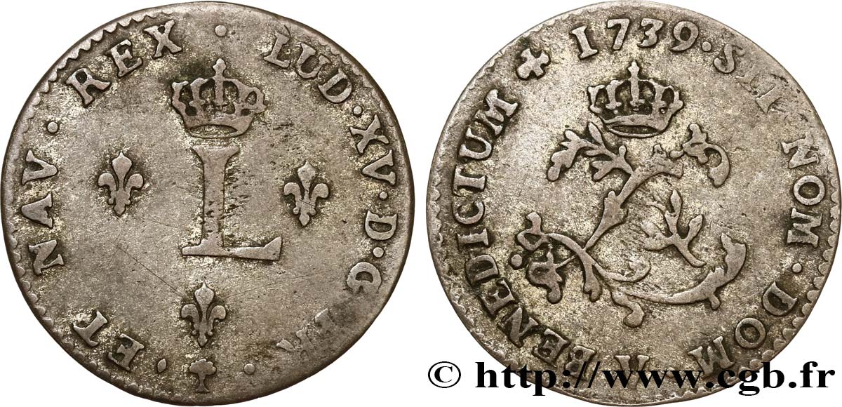 LOUIS XV DIT LE BIEN AIMÉ Double sol de billon 1739 Troyes TB+
