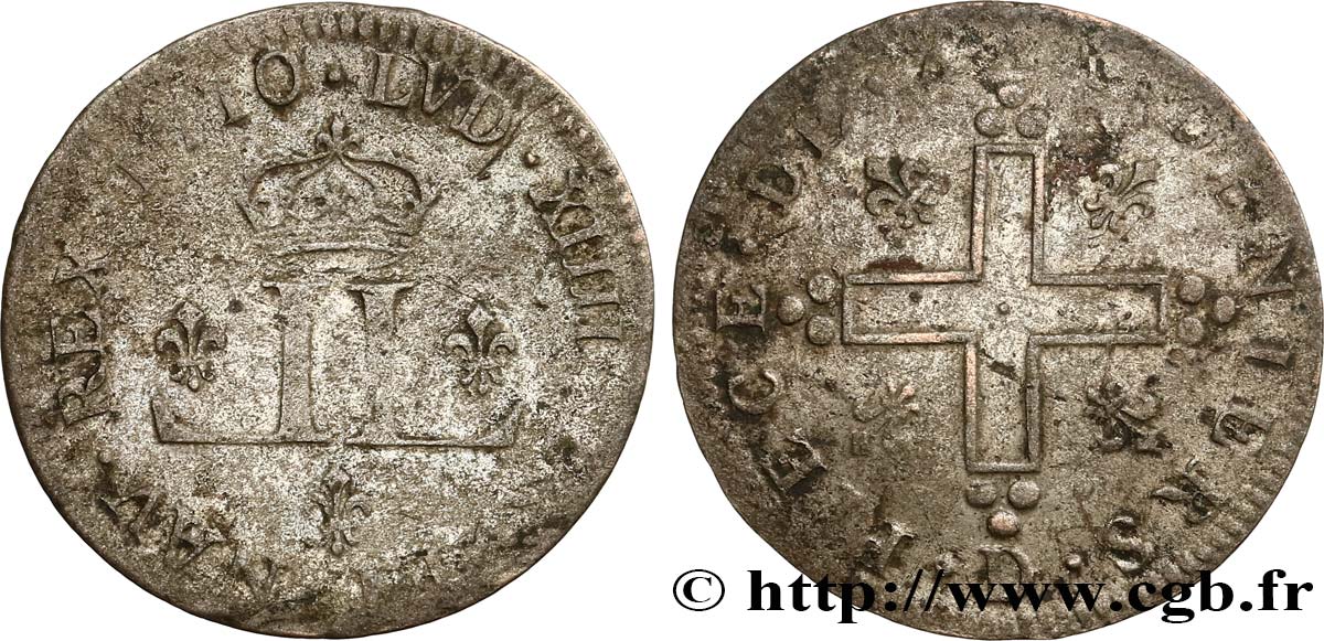LOUIS XIV  THE SUN KING  XXX deniers aux 2 L couronnées 1710 Lyon VF