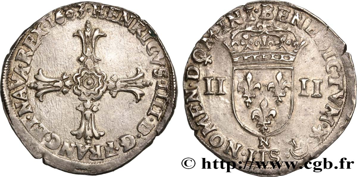 HENRY IV Quart d écu, croix feuillue de face 1603 Montpellier AU