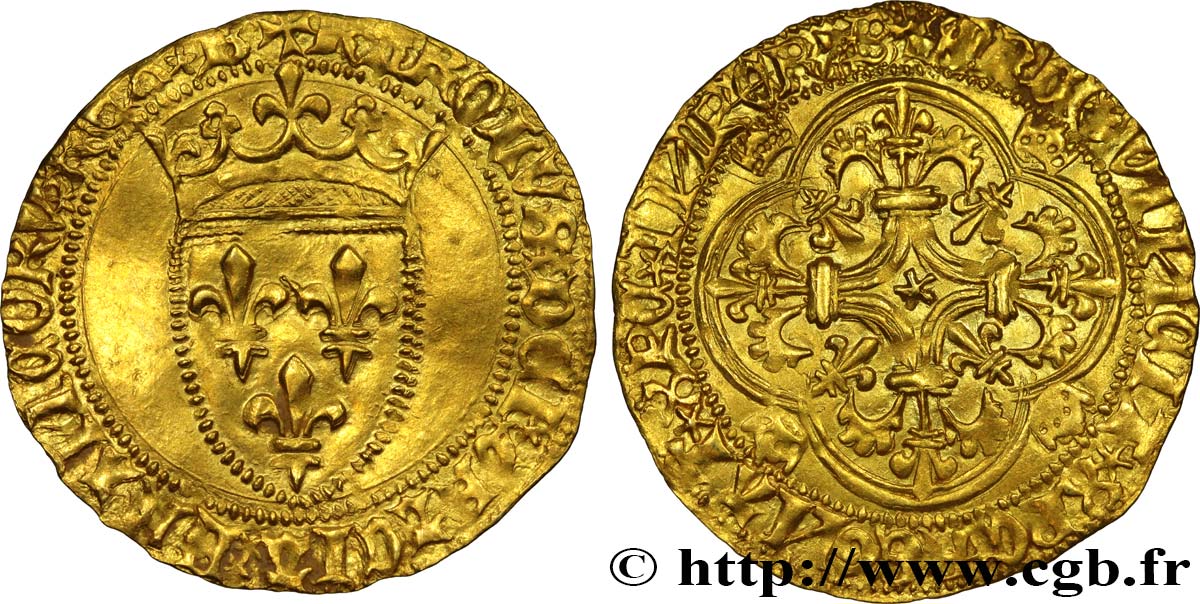 HEIR APPARENT, CHARLES, REGENCY - COINAGE IN THE NAME OF CHARLES VI Écu d or, 1er type n.d. Bourges AU/AU