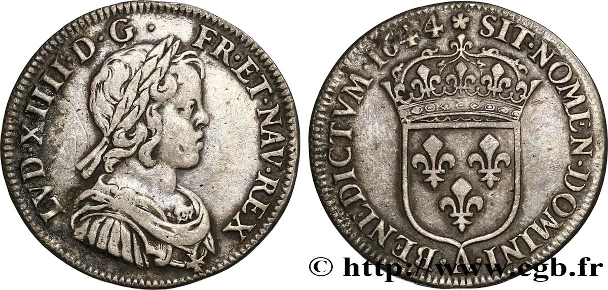 LOUIS XIV  THE SUN KING  Quart d’écu à la mèche courte 1644 Paris, Monnaie de Matignon fSS