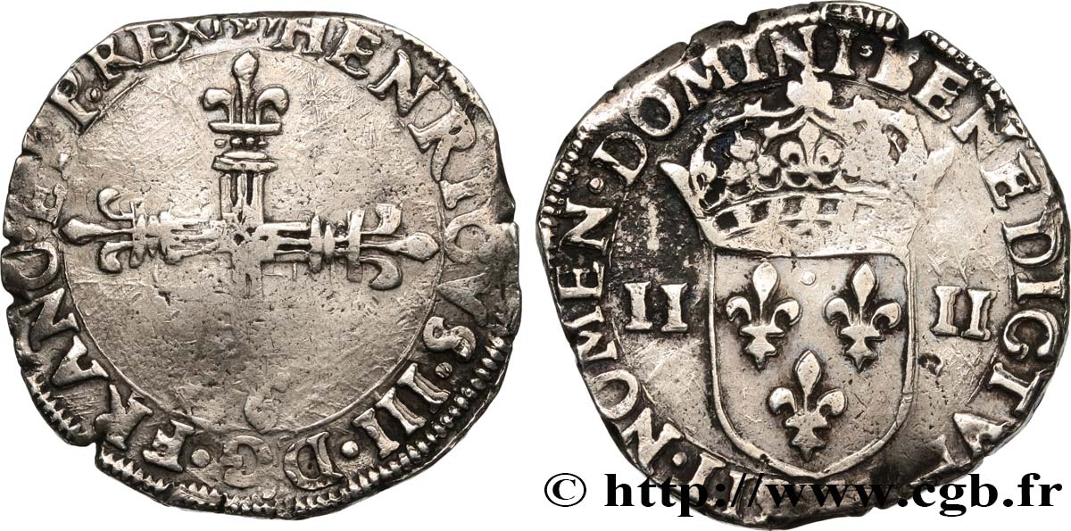 HENRY III Quart d écu, croix de face 1589 Amiens BC+