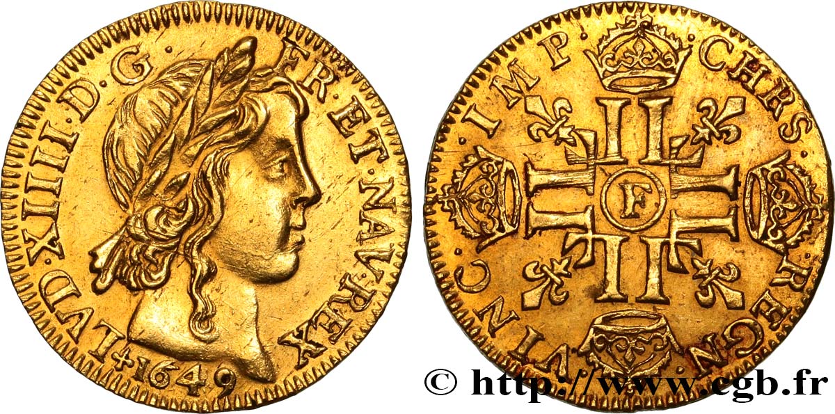 LOUIS XIV  THE SUN KING  Louis d’or aux huit L, portrait à la mèche longue 1649 Angers SPL