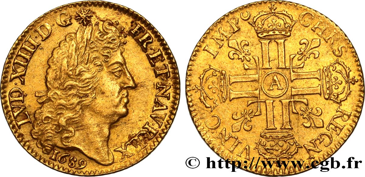 LOUIS XIV  THE SUN KING  Louis d’or aux huit L, portrait à la tête âgée et laurée 1689 Paris AU