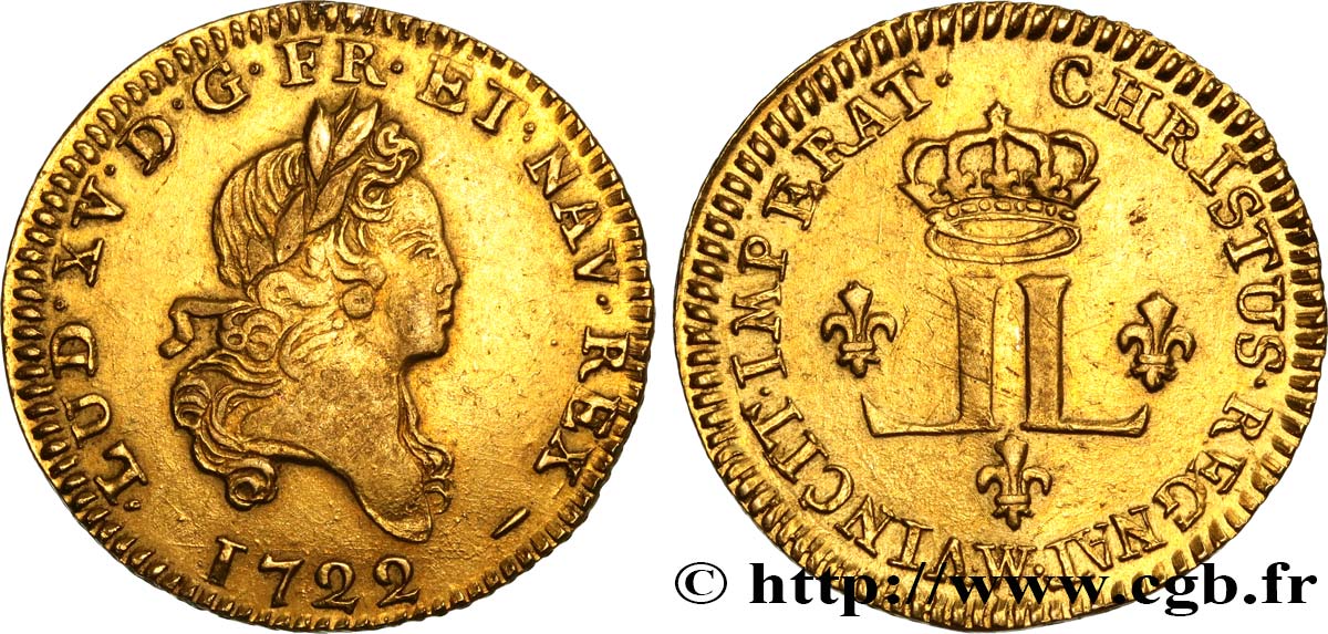 LOUIS XV  THE WELL-BELOVED  Louis d or aux deux L couronnées (fausse réformation) 1722 Lille BB/q.SPL