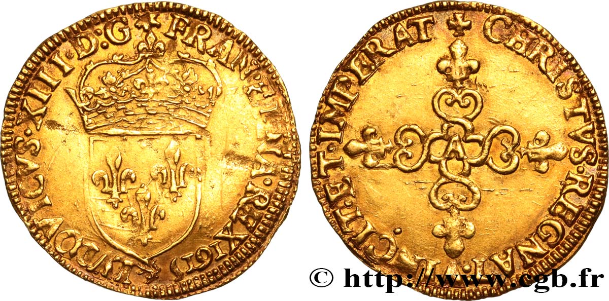 LOUIS XIII  Écu d or au soleil, à la croix anillée fleurdelisée 1615 Paris MBC+