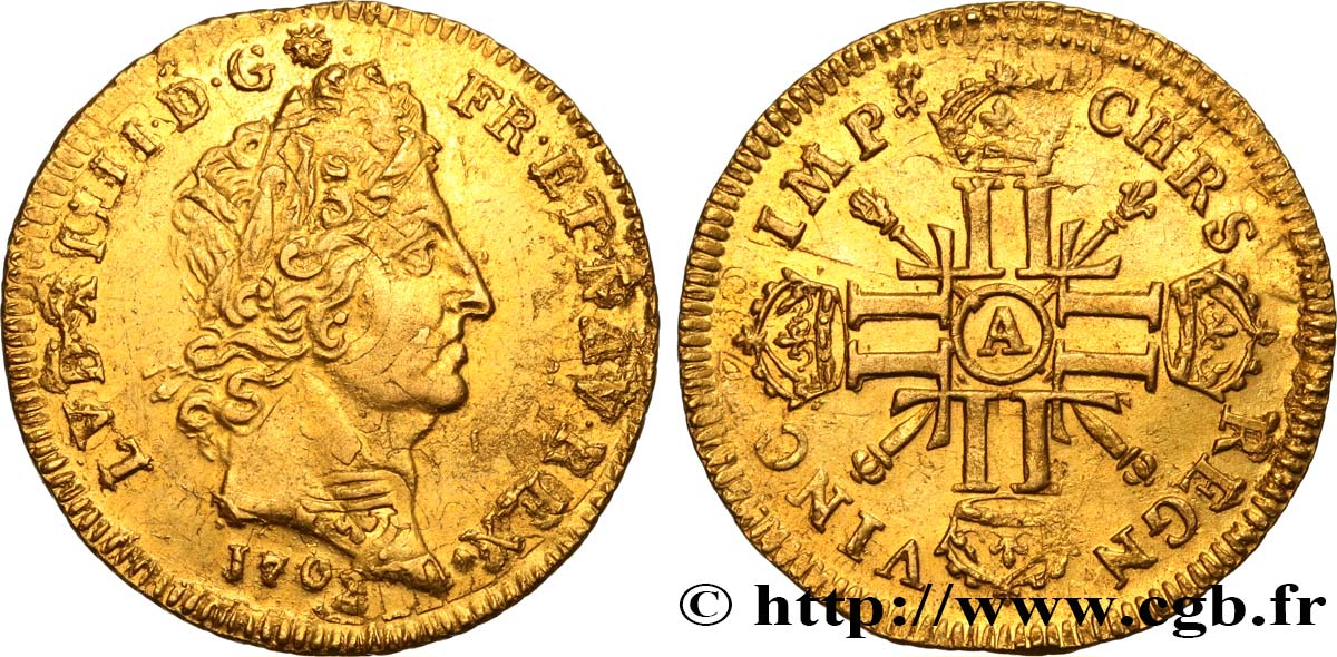 LOUIS XIV  THE SUN KING  Louis d’or aux huit L et aux insignes 1702 Paris MBC/EBC