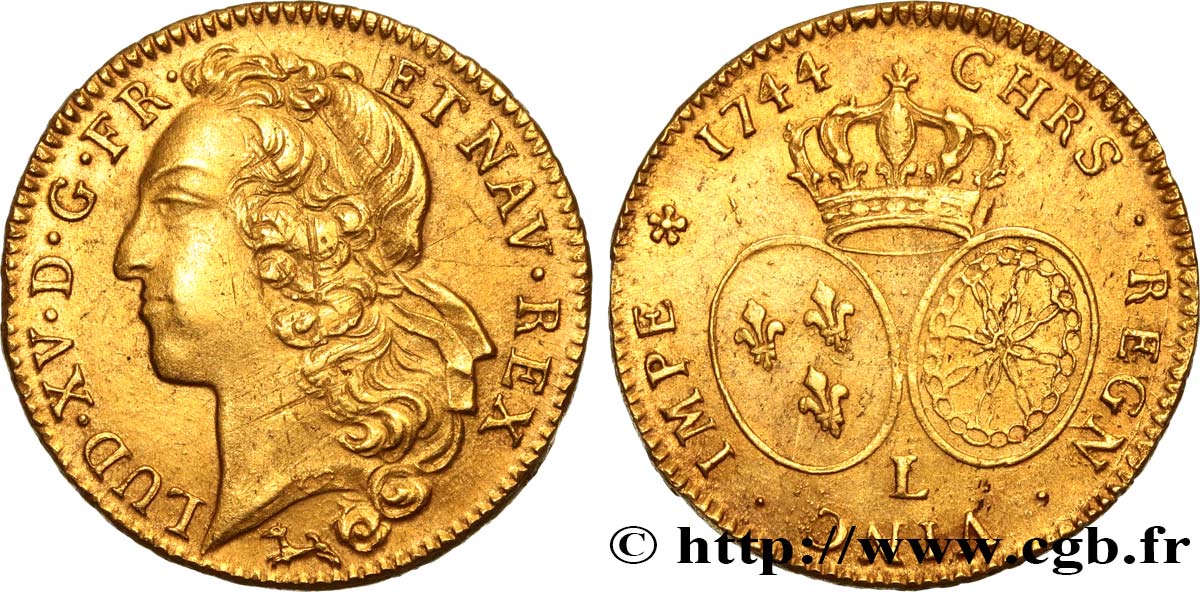 LOUIS XV  THE WELL-BELOVED  Double louis d’or aux écus ovales, tête ceinte d’un bandeau 1744 Bayonne AU/XF