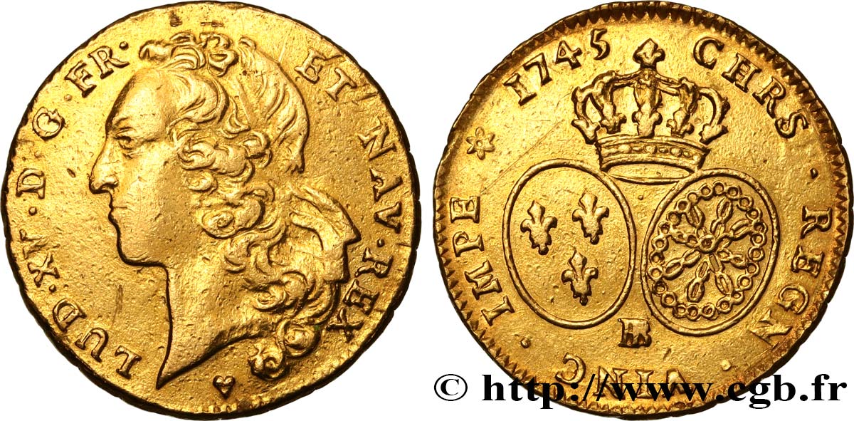 LOUIS XV THE BELOVED Double louis d’or aux écus ovales, tête ceinte d’un bandeau 1745 Strasbourg VF/XF