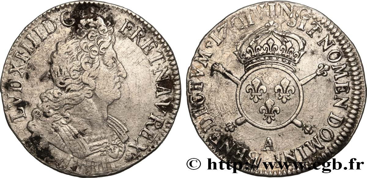 LOUIS XIV  THE SUN KING  Demi-écu aux insignes 1701 Paris MBC