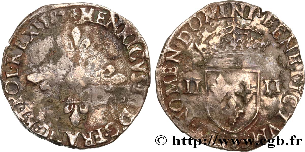 HENRY III Quart d écu, croix de face 1587 Rennes BC+
