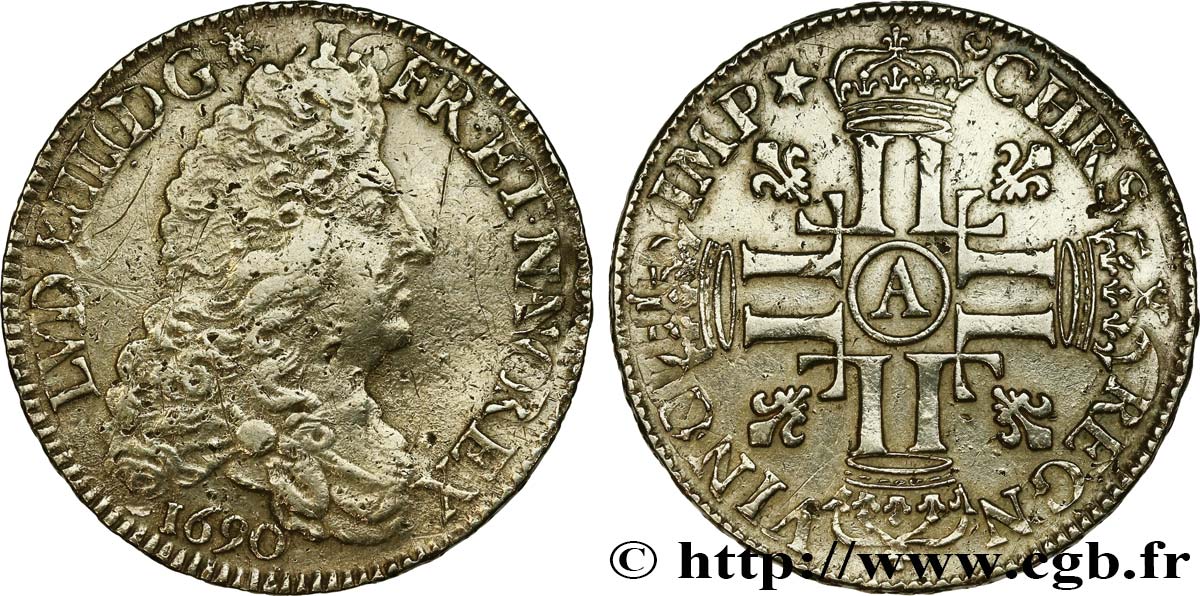 LOUIS XIV  THE SUN KING  Demi-écu aux huit L, 1er type 1690 Paris BC/MBC