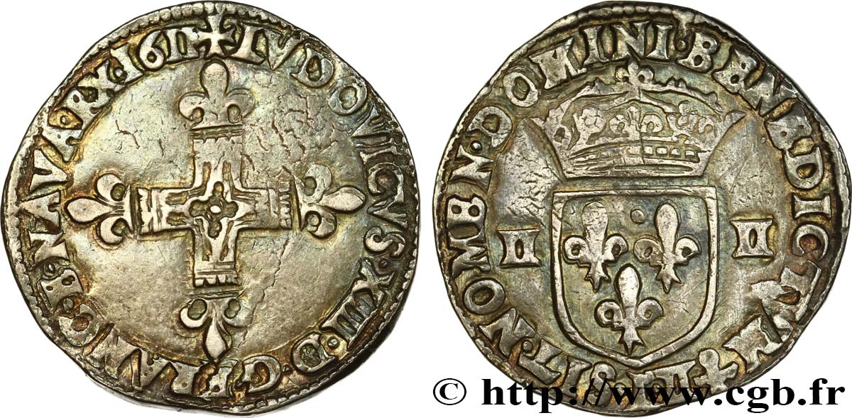LOUIS XIII LE JUSTE Quart d écu, à la croix fleurdelisée, titulature côté croix 1611 Bayonne TTB