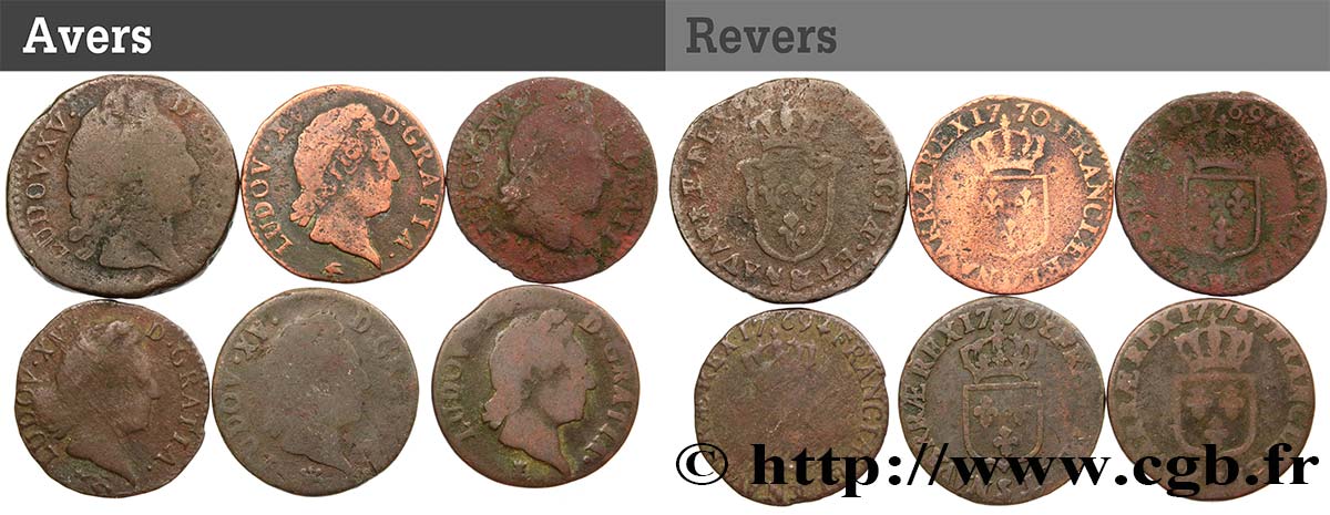 LOUIS XV  THE WELL-BELOVED  Lot de 6 monnaies royales n.d. Ateliers divers S