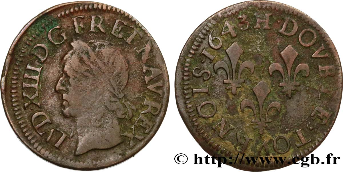 LOUIS XIII LE JUSTE Double tournois, type de Warin 1643 La Rochelle TB