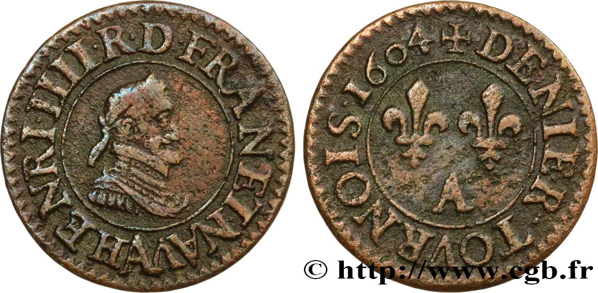 HENRY IV Denier tournois, 1er type de Paris (légende française) 1604 Paris, Moulin des Étuves XF