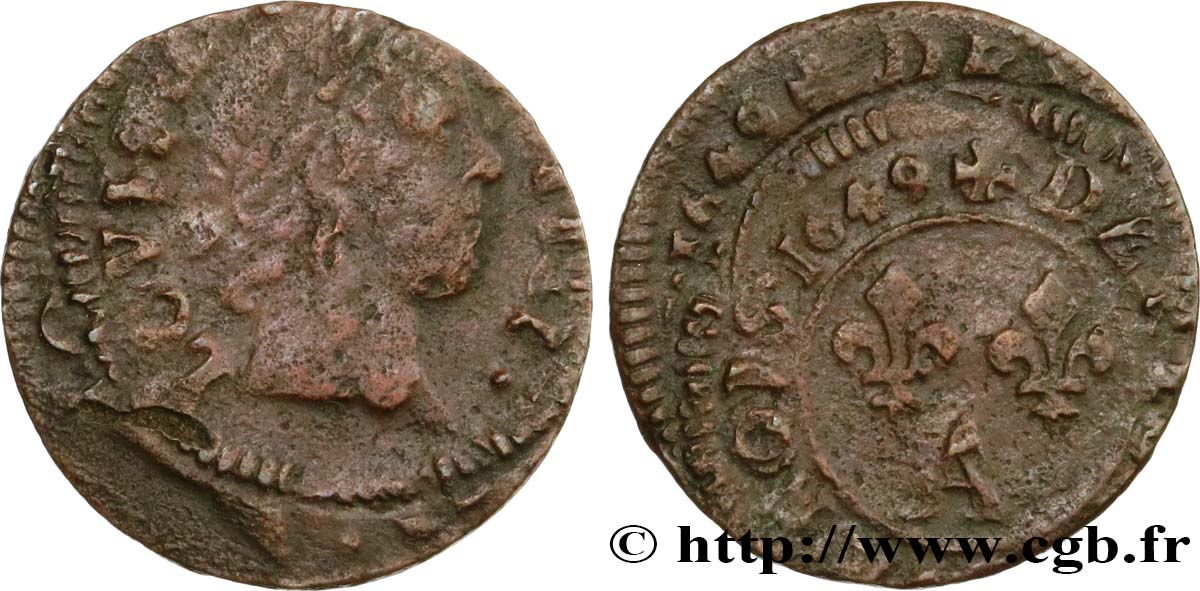 LOUIS XIV  THE SUN KING  Denier tournois 1649 Paris, Moulin du Louvre S