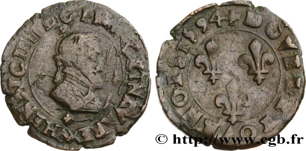 HENRY IV Double tournois, 2e type de Clermont (légende latine et buste de la légende française) 1594 Clermont-Ferrand BC