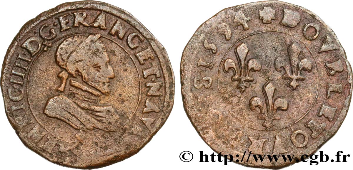 HENRI IV LE GRAND Double tournois, 2e type de Clermont (légende latine) 1594 Clermont-Ferrand TB