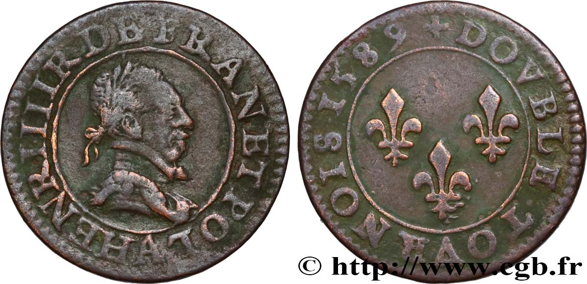 HENRI III Double tournois, 2e type de Paris, frappé au moulin 1589 Paris TTB