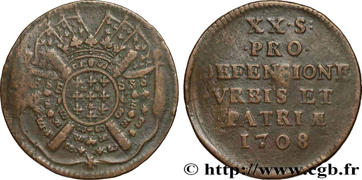 FLANDERS - SIEGE OF LILLE Vingt sols, monnaie obsidionale 1708 Lille VF