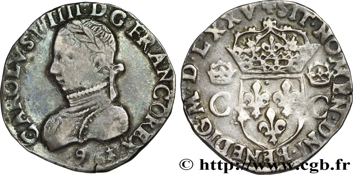 HENRY III. COINAGE IN THE NAME OF CHARLES IX Teston, 2e type 1575 (MDLXXV) Rennes VF
