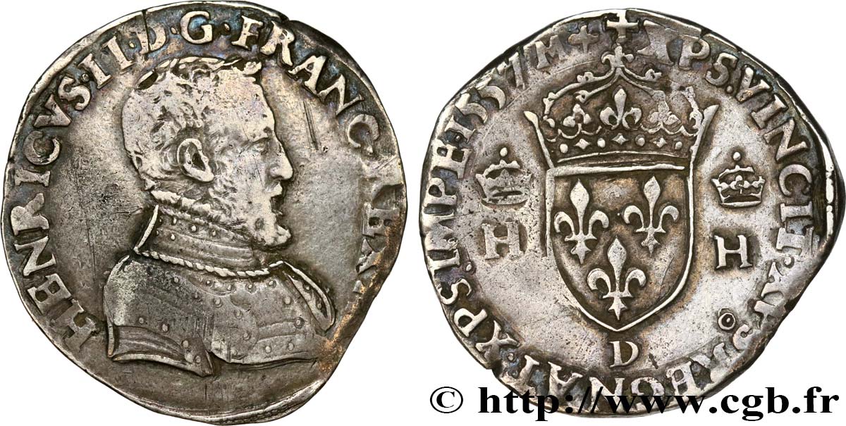 HENRI II Teston à la tête nue, 1er type 1557 Lyon TTB