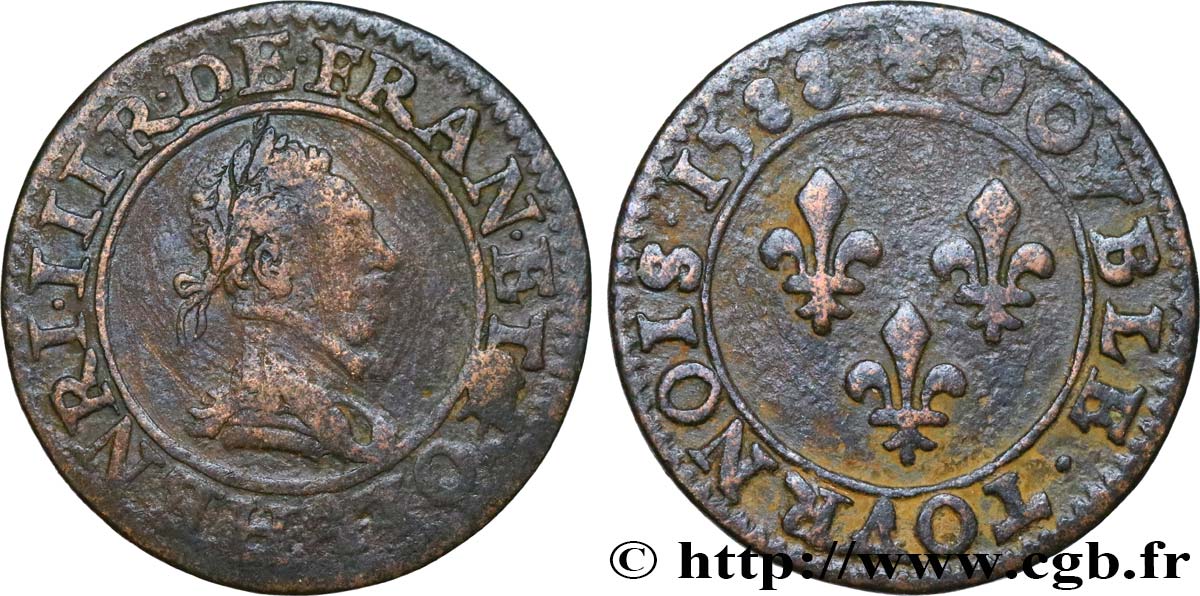HENRI III Double tournois, 2e type de Paris, frappé au moulin 1588 Paris TB