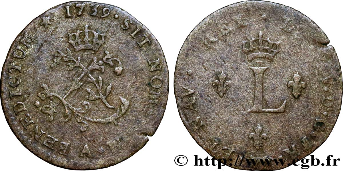 LOUIS XV DIT LE BIEN AIMÉ Double sol de billon 1739 Paris B+