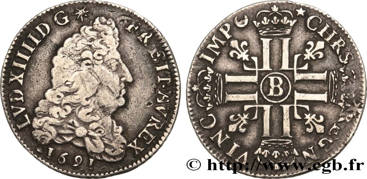 LOUIS XIV  THE SUN KING  Quart d écu aux huit L, 1er type 1691 Rouen q.BB/BB