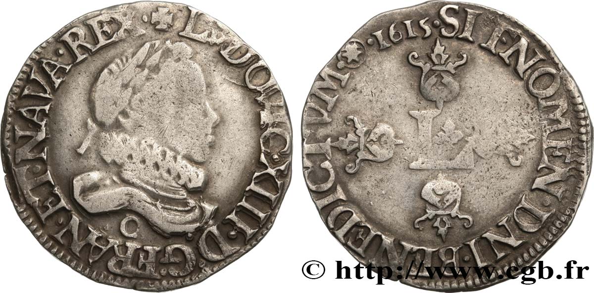 LOUIS XIII LE JUSTE Demi-franc au grand buste lauré et au col fraisé 1615 Saint-Lô TB+