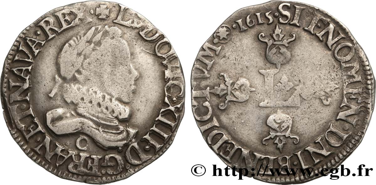 LOUIS XIII  Demi-franc au grand buste lauré et au col fraisé 1615 Saint-Lô BC+