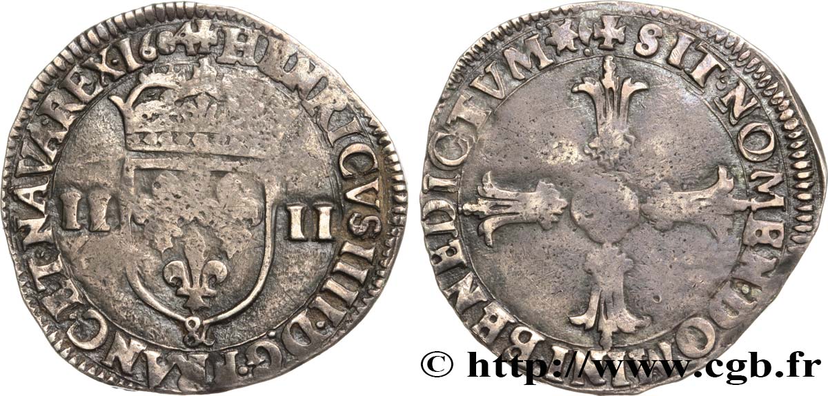 HENRI IV LE GRAND Quart d écu, écu de face, 2e type 1604 Aix-en-Provence TB+