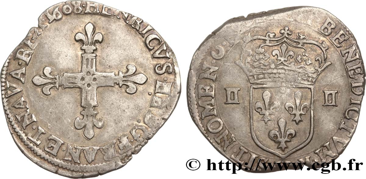 HENRI IV LE GRAND Quart d écu, croix bâtonnée et fleurdelisée de face 1608 La Rochelle TTB
