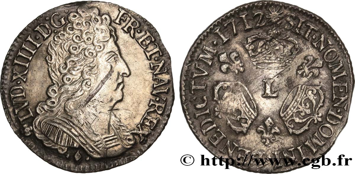 LOUIS XIV  THE SUN KING  Dixième d écu aux trois couronnes 1712 Bayonne fVZ