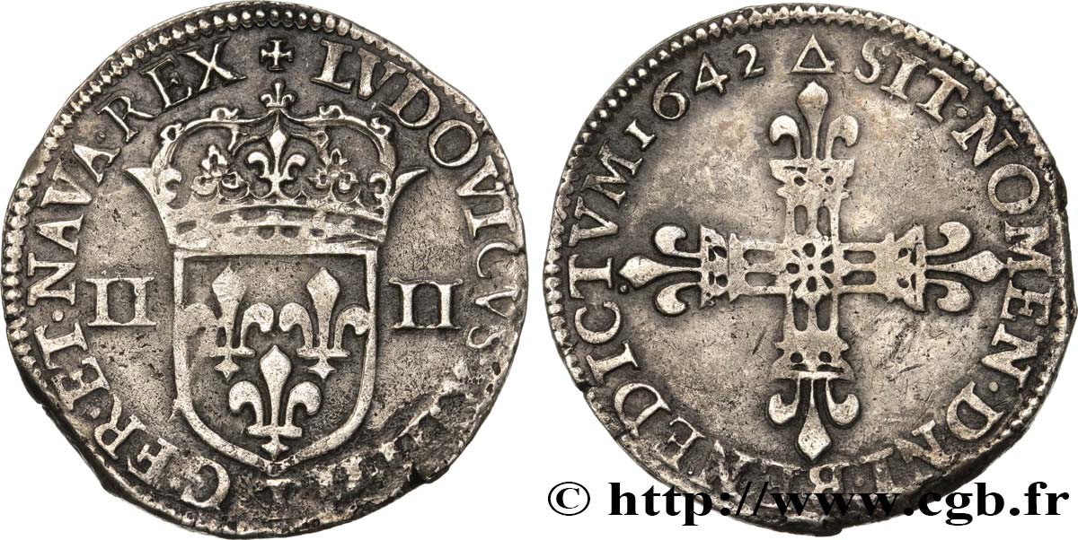 LOUIS XIII LE JUSTE Quart d écu, à la croix fleurdelisée, titulature côté écu 1642 Nantes TTB