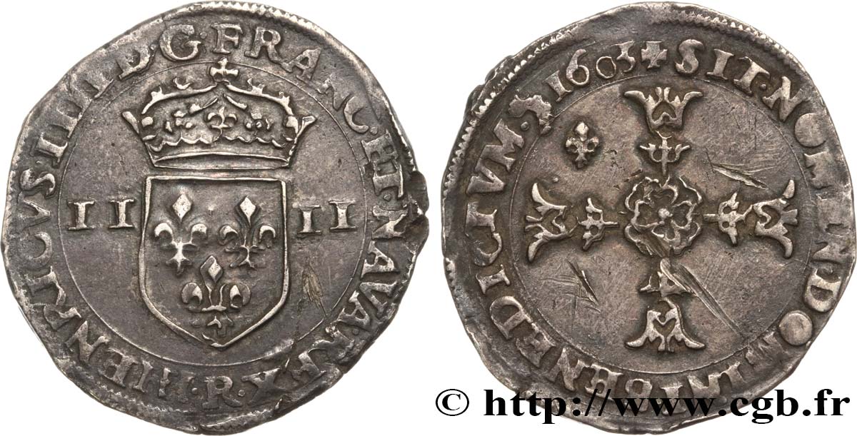 HENRI IV LE GRAND Quart d’écu, écu de face, 4e type 1603 Saint-André de Villeneuve-lès-Avignon TTB