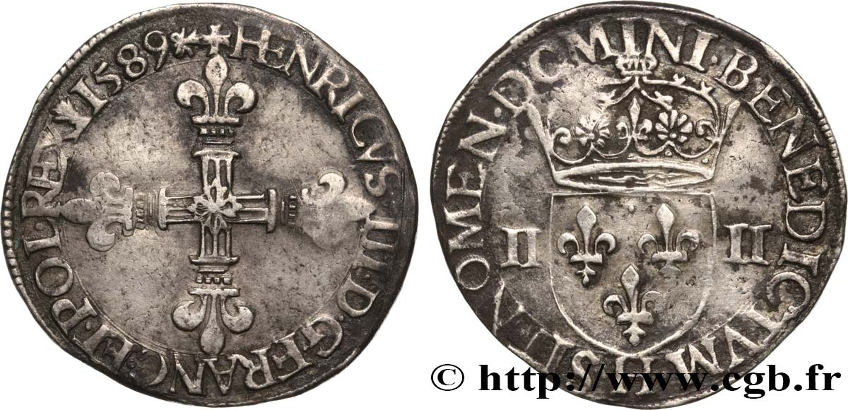 HENRY III Quart d écu, croix de face 1589 La Rochelle SS