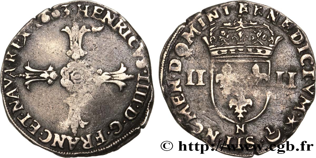 HENRI IV LE GRAND Quart d écu, croix feuillue de face 1603 Montpellier TB