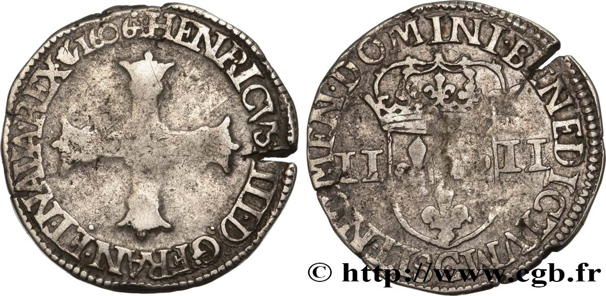 HENRI IV LE GRAND Quart d écu, croix batonnée et couronnée de face 1606 Saint-Lô TB/TB+