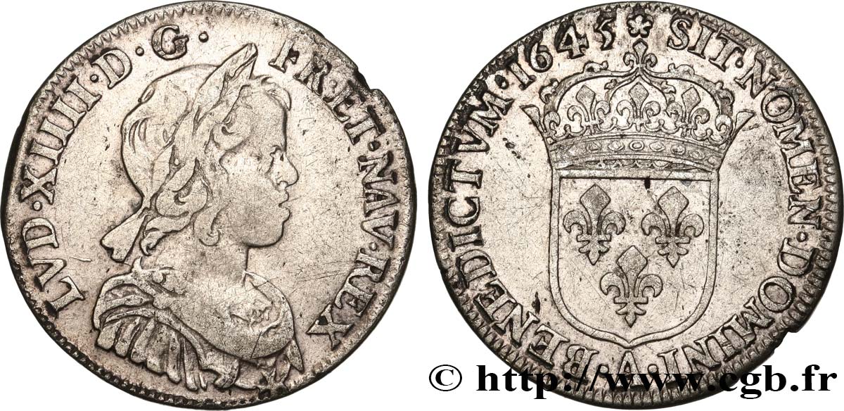 LOUIS XIV LE GRAND OU LE ROI SOLEIL Quart d écu, portrait à la mèche courte 1645 Paris, Monnaie de Matignon TB+