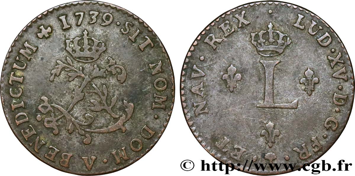 LOUIS XV DIT LE BIEN AIMÉ Double sol de billon 1739 Troyes TB+