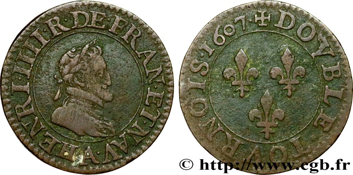 HENRI IV LE GRAND Double tournois, 2e type de Paris (légende française) 1607 Paris, Moulin des Étuves TB