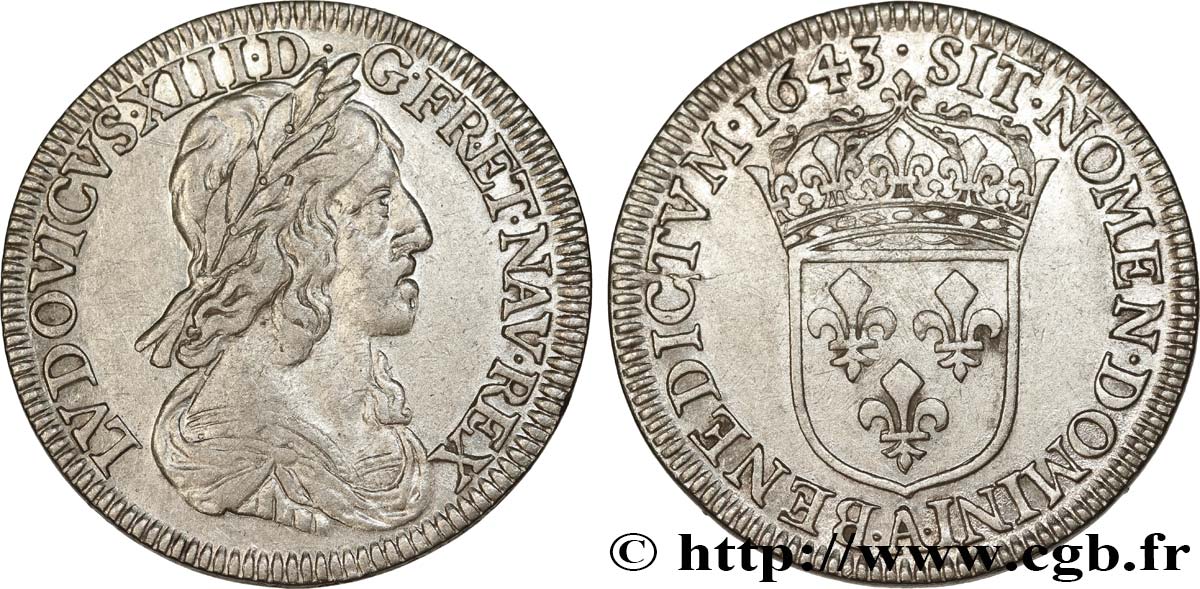 LOUIS XIII LE JUSTE Quart d écu d argent, 3e type, 2e poinçon de Warin 1643 Paris, Monnaie du Louvre TTB