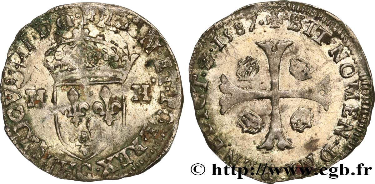 HENRY III Douzain aux deux H, 1er type 1587 Saint-Lô BC/MBC
